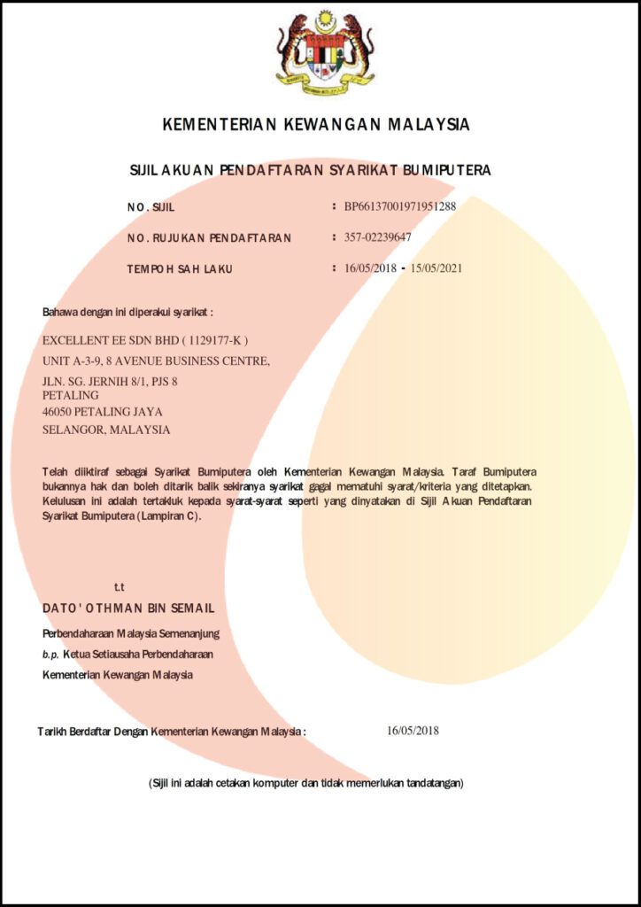 Sijil Akuan Pendaftaran Syarikat Bumiputera Excellent EE Sdn Bhd 2021