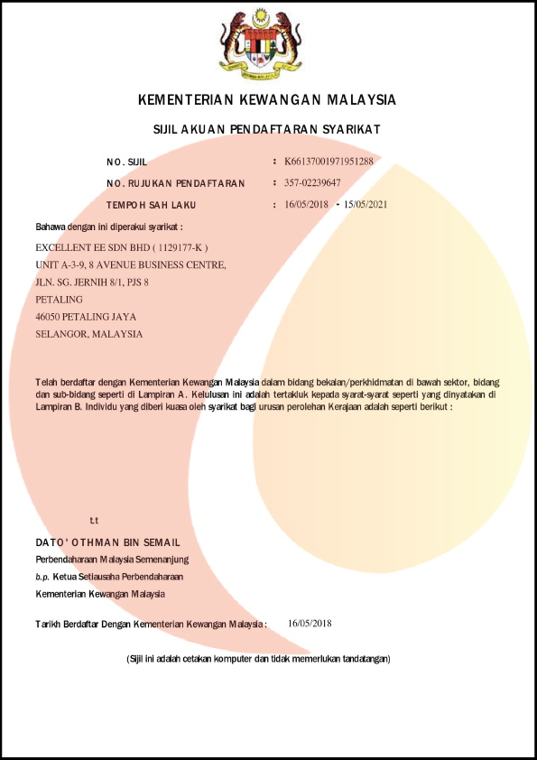 Sijil Pendaftaran MOF Excellent EE Sdn Bhd-2021